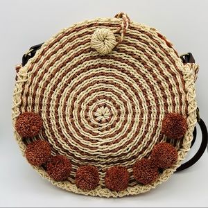 Fossil Brand Round Beige And Red Straw Cross Body Purse With Leather Strap